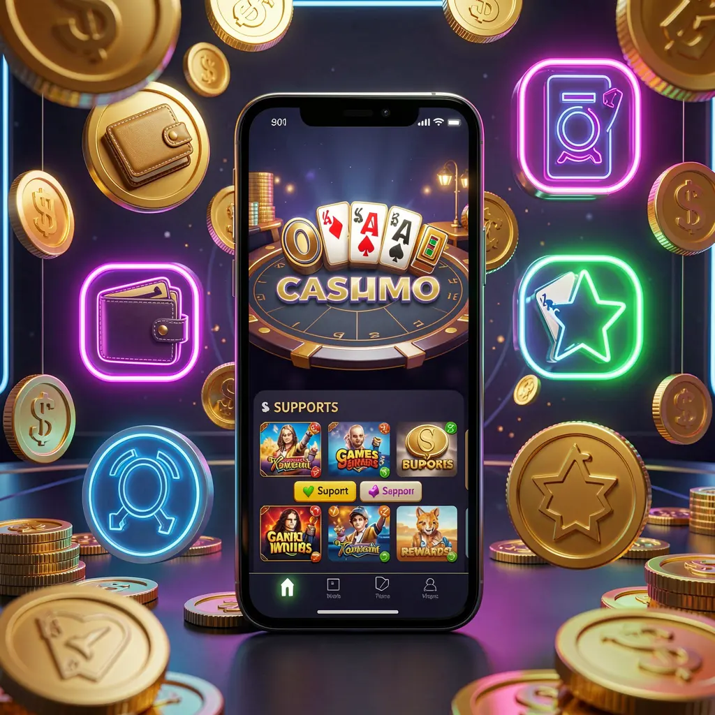 EEPH888 online casino app displayed on a smartphone surrounded by icons for wallet, games, support, and rewards, with golden coins and neon lights in a luxury 3D render