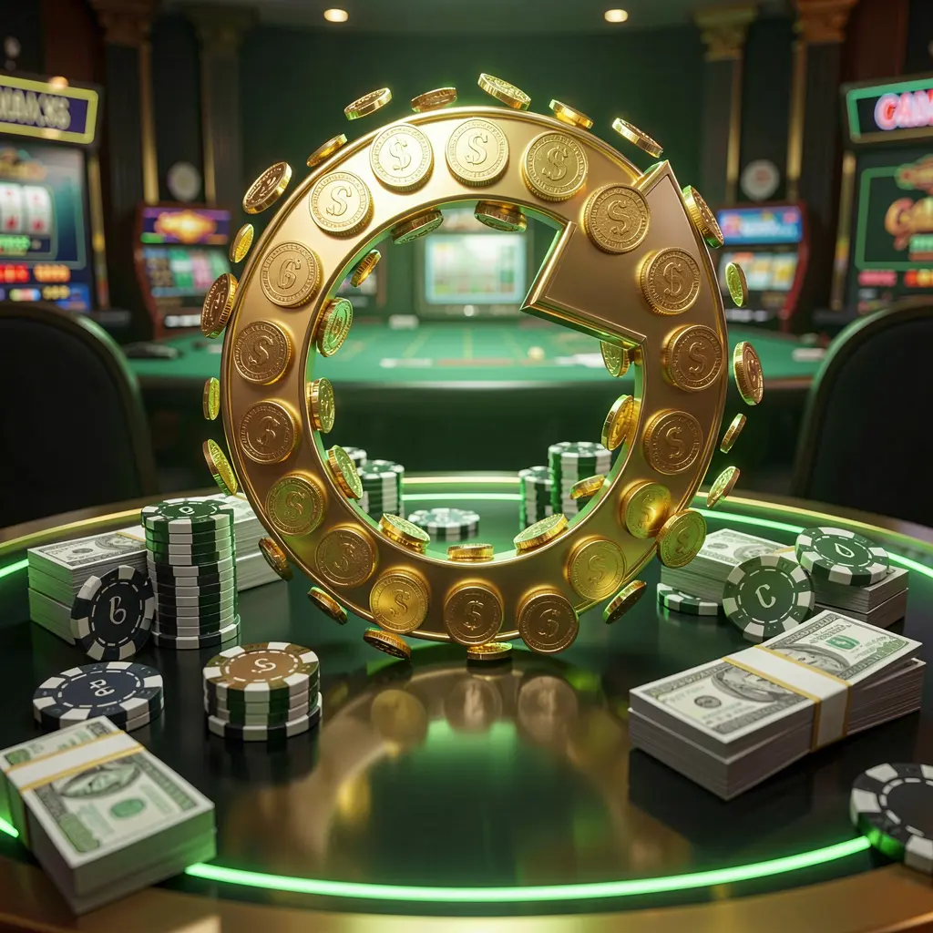EEPH888 casino cashback bonus visual featuring golden coins returning in a circular arrow motion with poker chips and cash bundles on a glossy dark table, highlighted by glowing green and gold accents in a premium online casino style with cinematic lighting