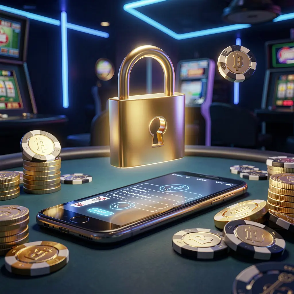 EEPH888 casino login security image featuring a glowing padlock floating above a smartphone with golden coins and chips scattered around against a dark blue neon background