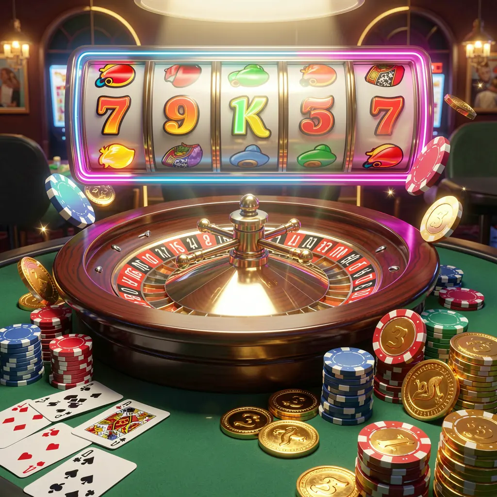 EEPH888 casino homepage visual featuring a realistic 3D render of a roulette wheel, poker chips, playing cards, golden coins, and jackpot lights with bright neon glow in a dynamic composition